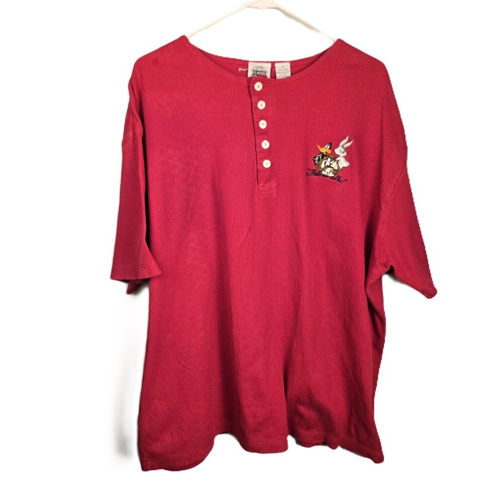 Looney Tunes Womens XL Henley T-Shirt Red Short Sleeve 5 Buttons Ribbed Logo